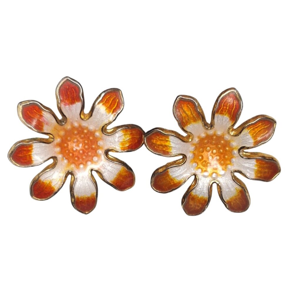 Vintage Enamel‎ Daisy Earrings Orange & White - 70s Hippie Boho Cottage